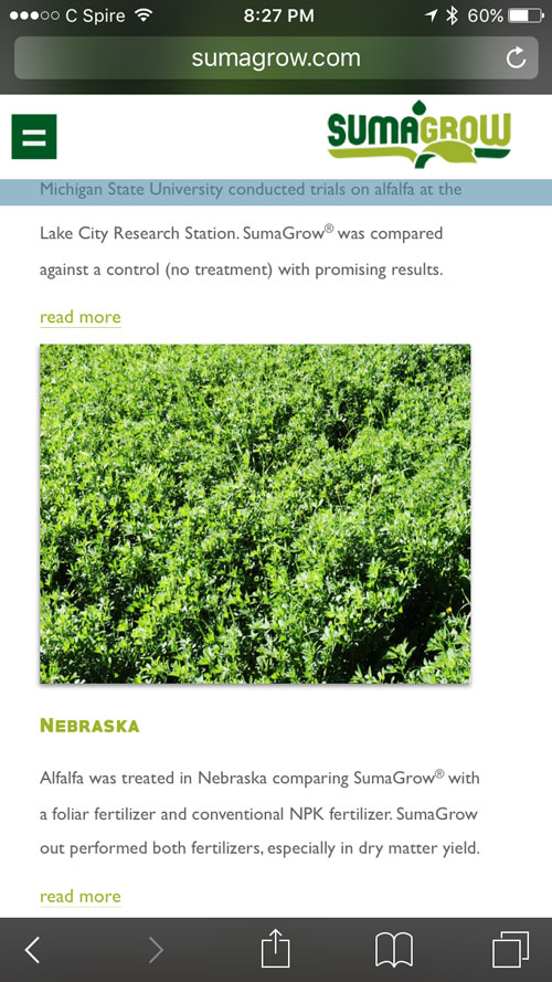 screenshot of SumaGrow mobile website